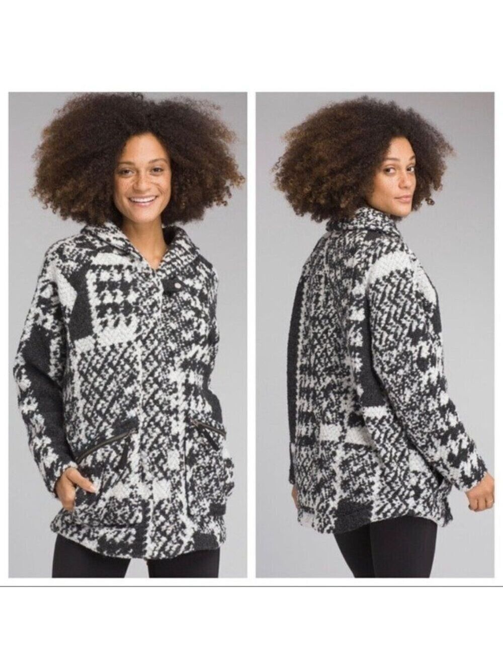 Prana Sakari Jacket Wool Sherpa Lined Shacket Coat Black White Herringbone L - Picture 3 of 12